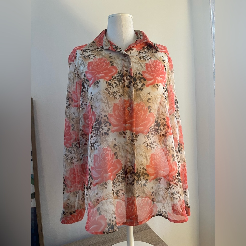 Notations Women’s Sheer Coral Rose Print Button-Up Boho Blouse Size L